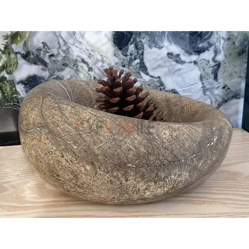 Hand Carved Natural Beige Stone Bowl Round Decorative Fruit Plate Multi Purpose Tray for Family Dining Table Kitchen Home
