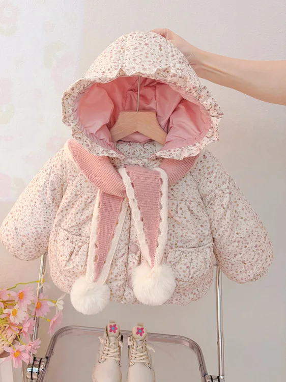 

Thiened Floral Print Cotton Jaet for Girls Winter Warm Hat And Scarf Design Baby Girl Korean Sle Coat with Zipper