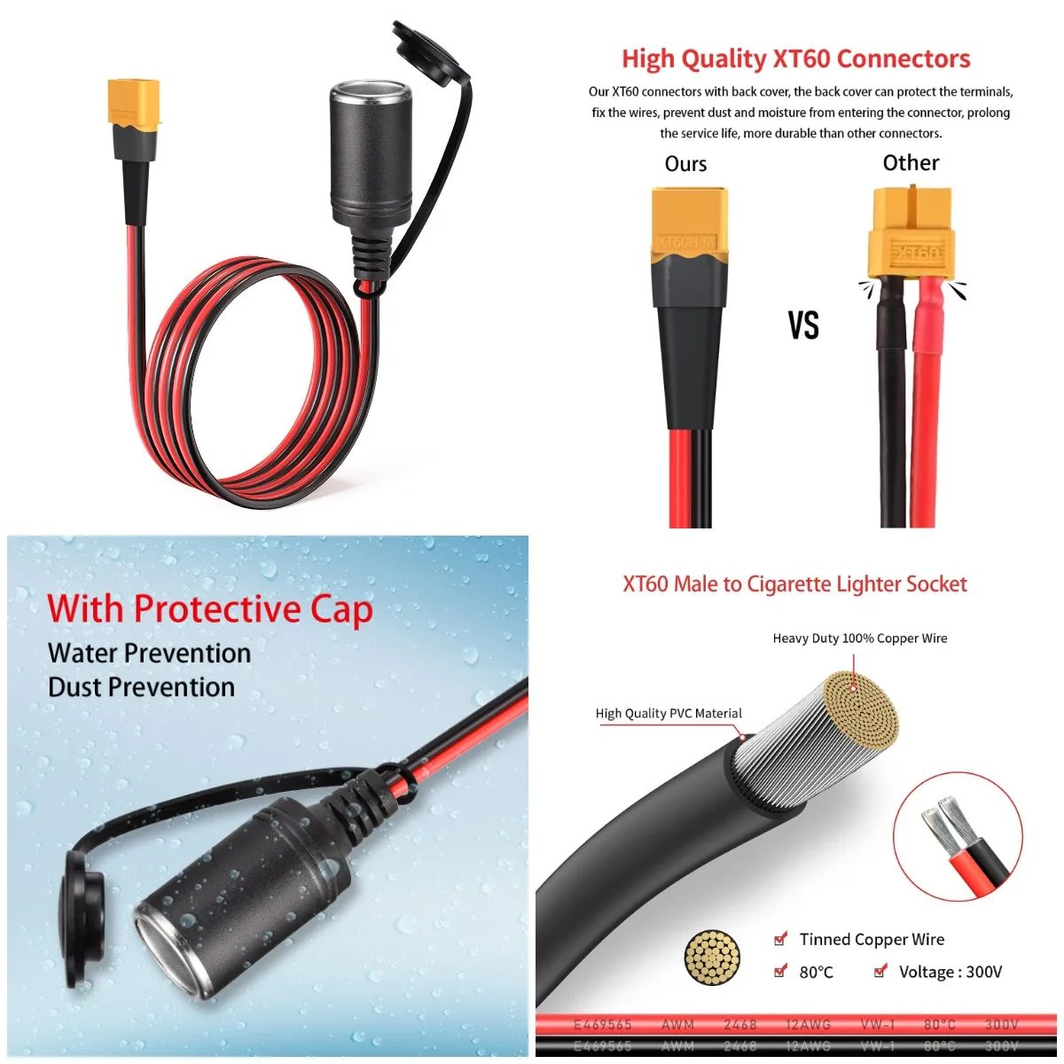 

XT60 to Cigarette Lighter Socket 12AWG XT60 Male to 12V Car Socket for Car Inverter Tire Inflator Air Pump (5FT)