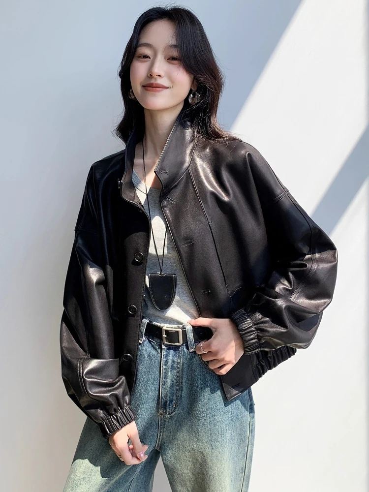 Giacche da moto casual corte in vera pelle da donna primavera autunno colletto alla coreana semplice di fascia alta cappotto morbido e morbido in vera pelle di pecora