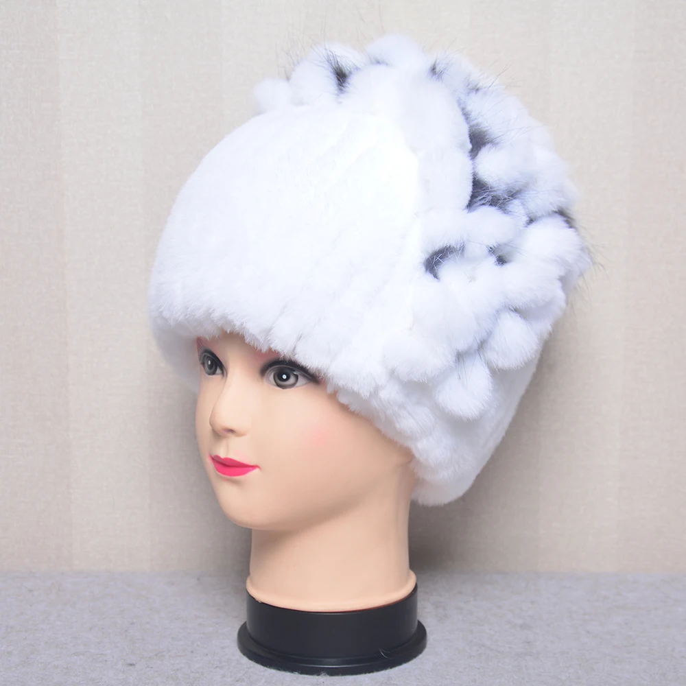 New Luxury Women Fur Hat For Winter Handmade Natural Rex Rabbit Fox Fur Cap Russian Female Fur Headgear Brand Warm Beanies Cap