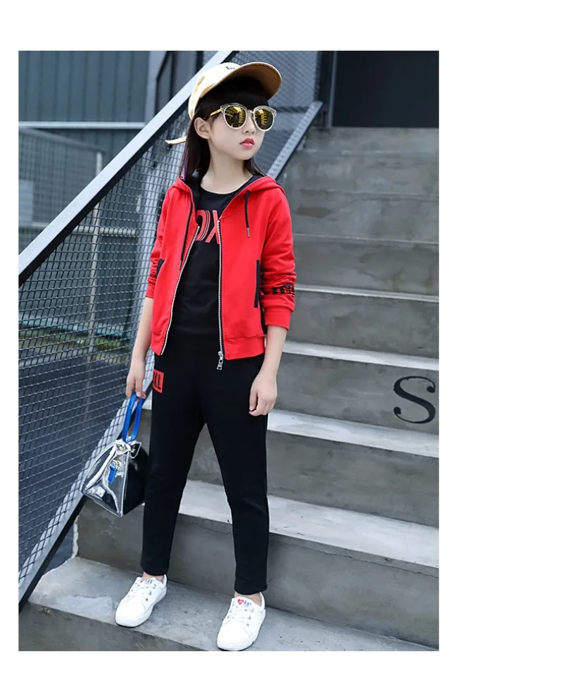 Sports Suit for Girls 3PCS/Set Children Clothes Cotton Hoodie + T-shirts + Pants Kids Tracksuit for Girls 5 6 8 9 10 12 13 Years