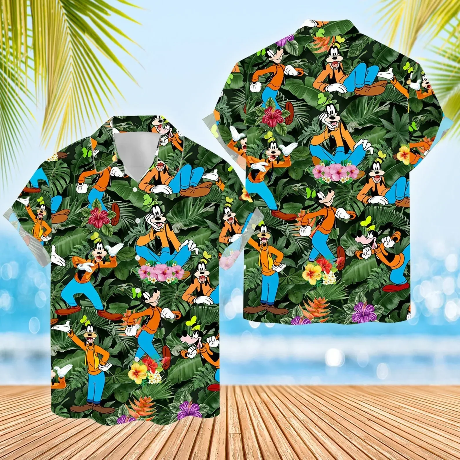 Goofy Dog Hawaiian Shirts Mens Fashion Button Up Shirts Disney Hawaiian Short Sleeve Shirts Casual Beach Shirts Harajuku Tops