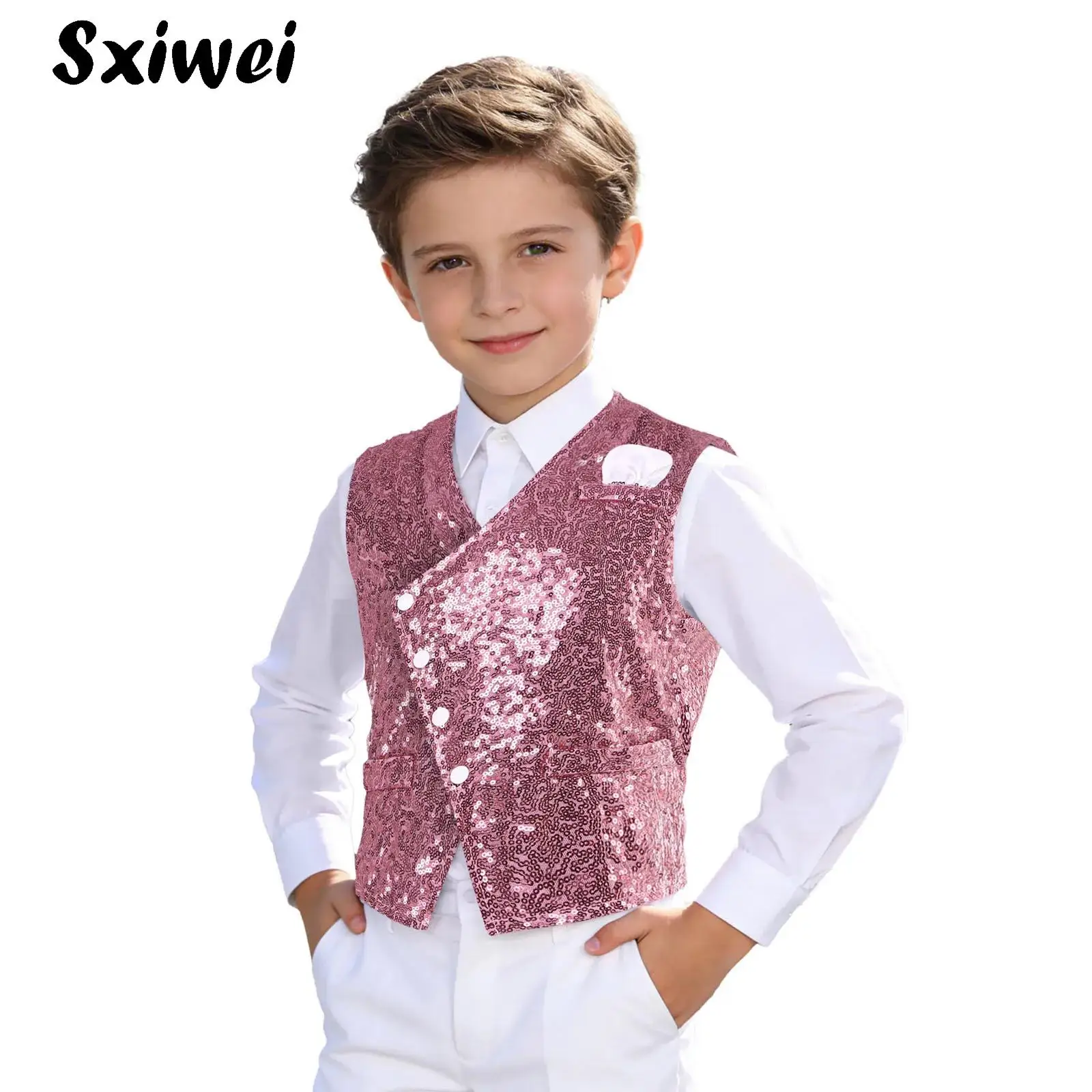Children Shining Sequins Waistcoat Kids Hip-hop Jazz Dance Vest Jacket Tank Top Wedding Birthday Party Stage Performance Costume