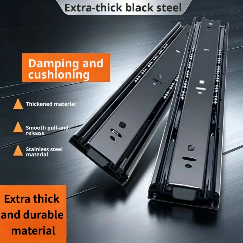 Black Steel Heavy Duty Full Extension Drawer Slide, Soft Close 3 Tier Thickened Stainless Steel Cabinet Rail for Kitchen & Home