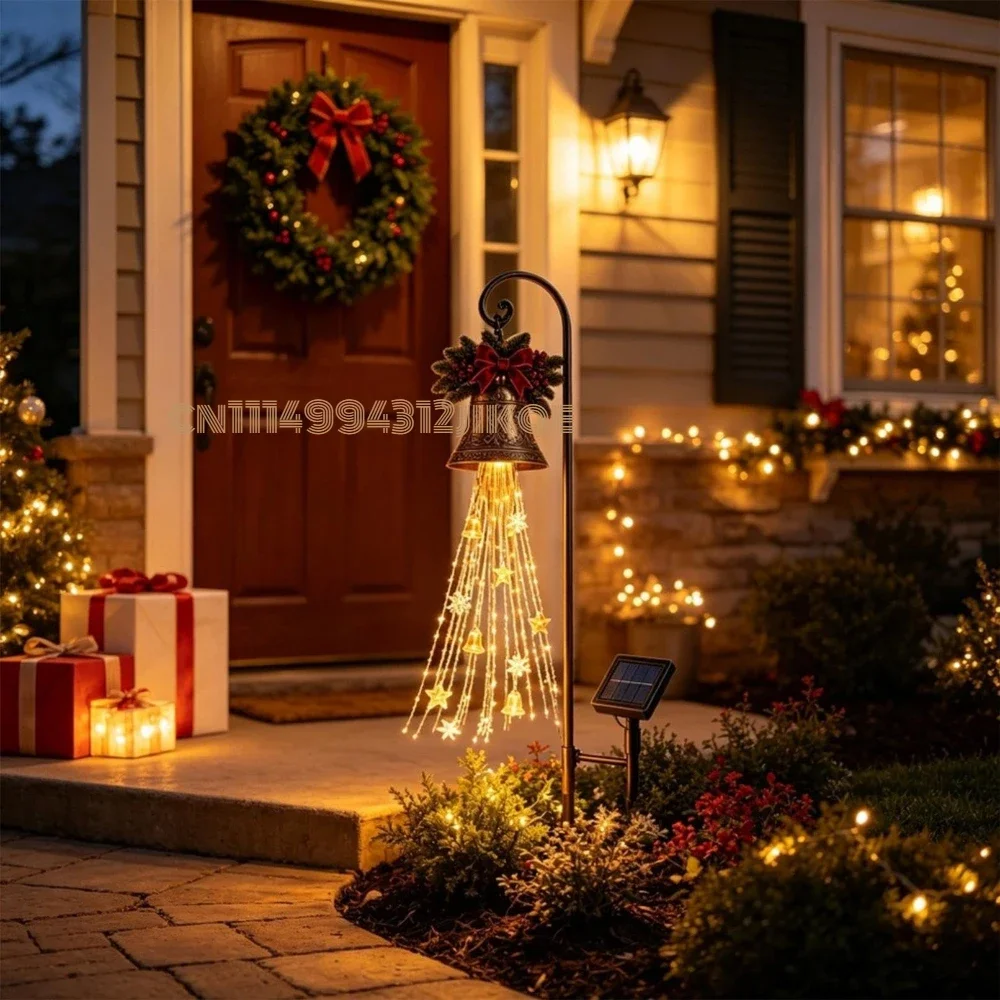 Christmas Bell Cascade Solar Yard Light Warm White LED Flowing Garden Stake with Star Snowflake Ornaments Waterproof Auto On Off