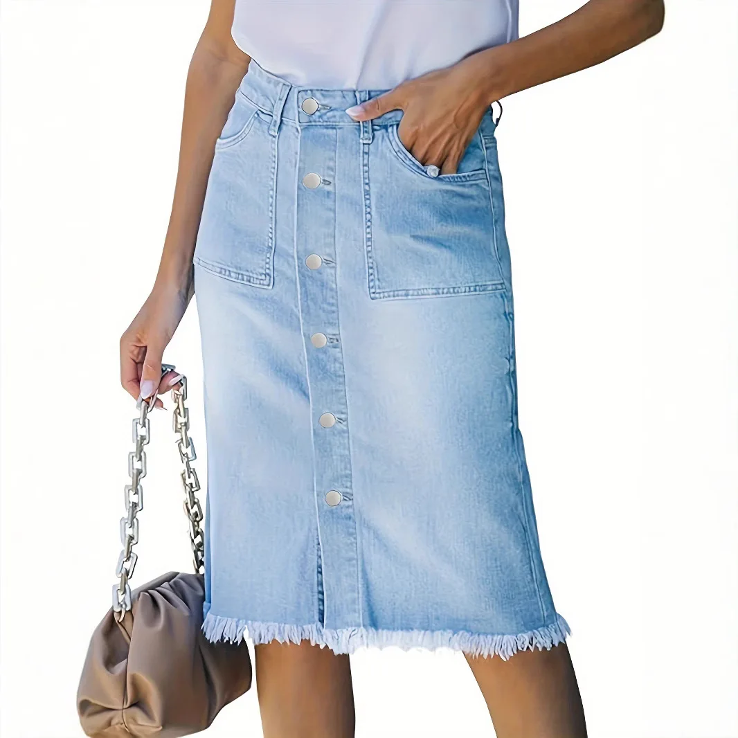 Faldas vaqueras de cintura alta para mujer, falda recta hasta la rodilla con bolsillos y botones, Faldas para mujer