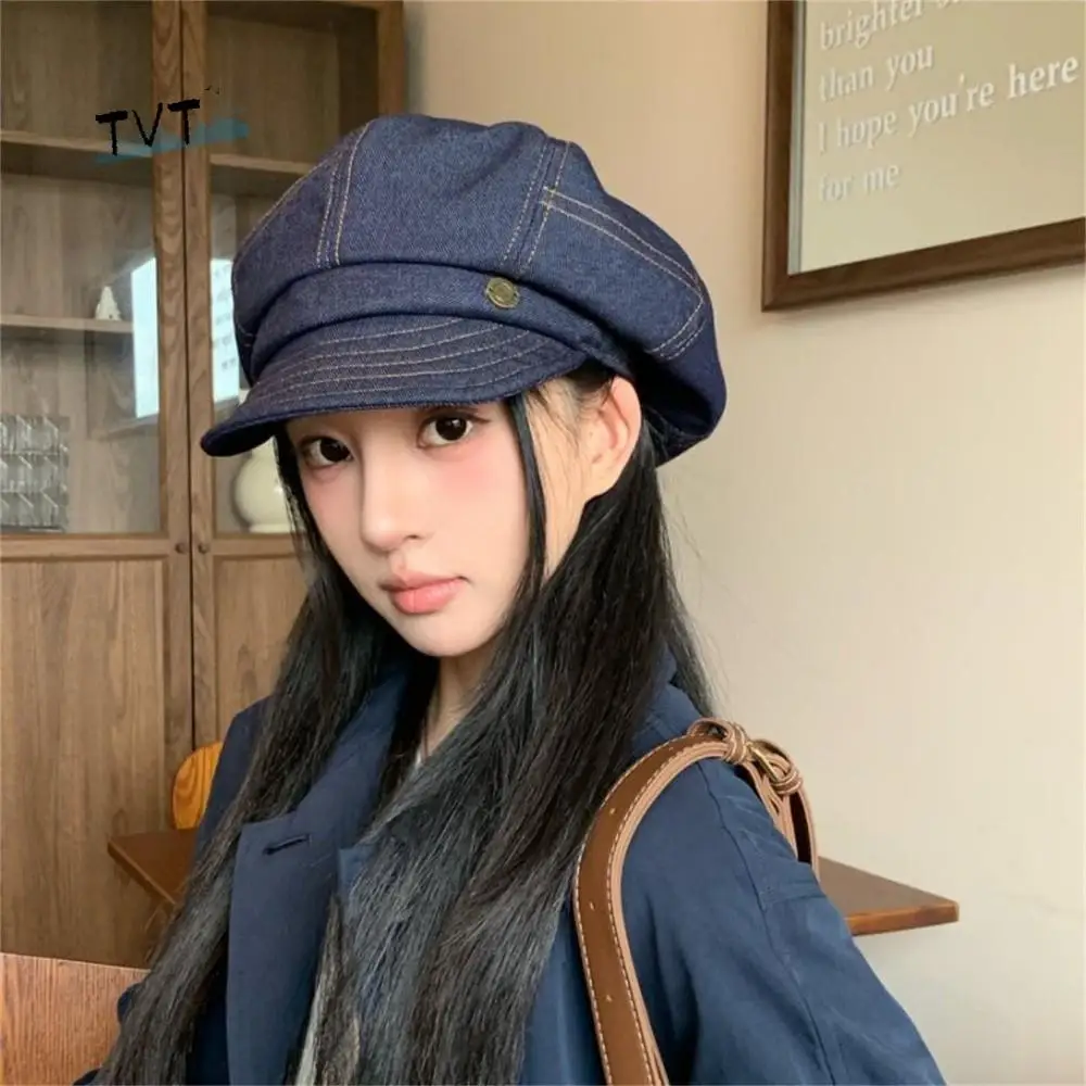 

Fashion Korean Denim Beret Versatile Spring Autumn Octagonal Hats Newsboy Casual Painter Hat Men and Women