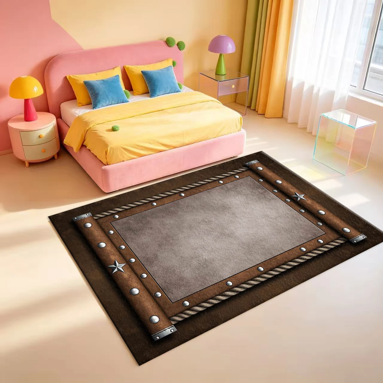 Western Cowboy Metal Star-Shaped Frame Carpet Vintage Leather Rope Pattern Home Floor Carpet