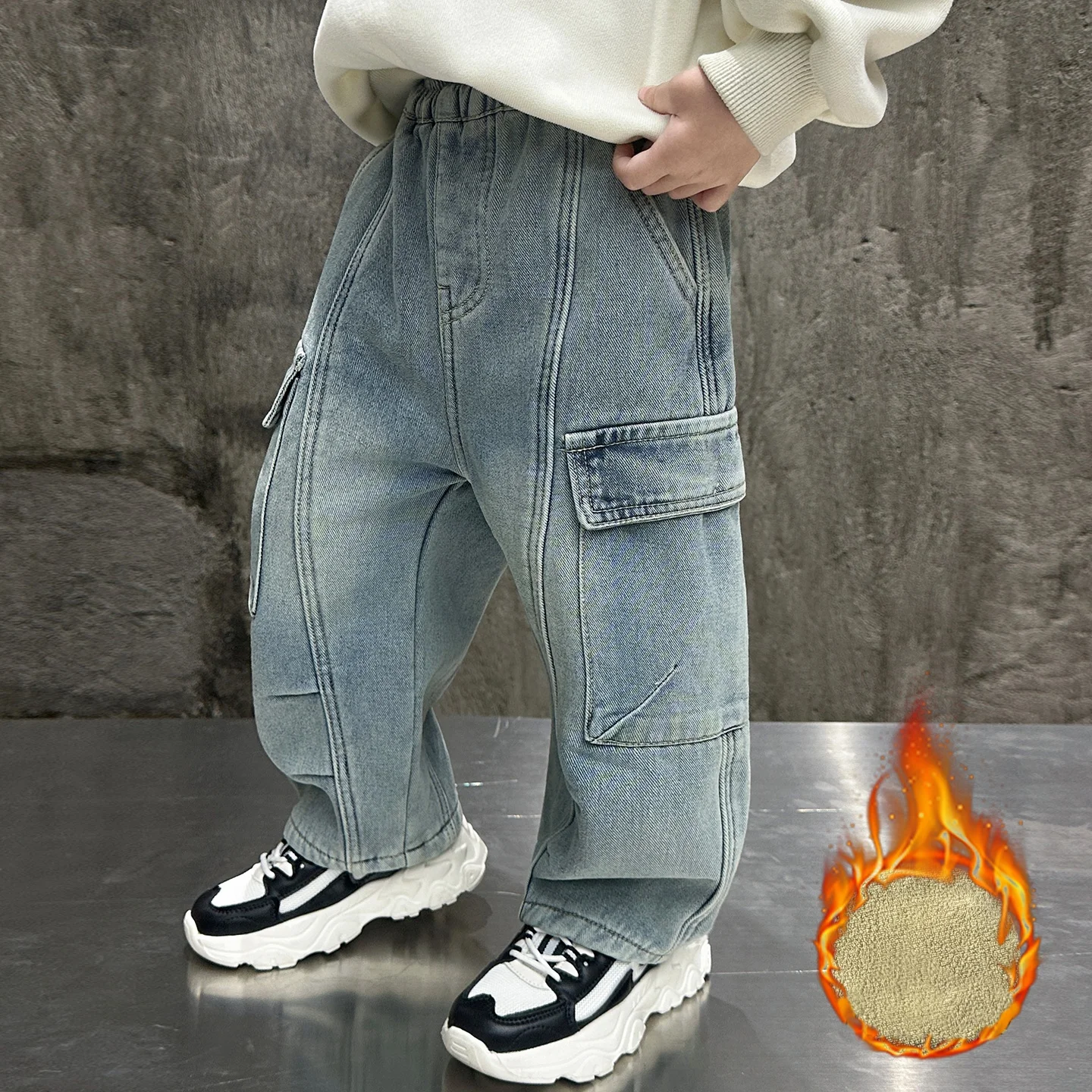 Kids Cargo Jeans Washed Light Blue Distressed Baggy Denim Pants Elastic Waist Warm Fleece Lined Multi Pockets Casual Streetwear