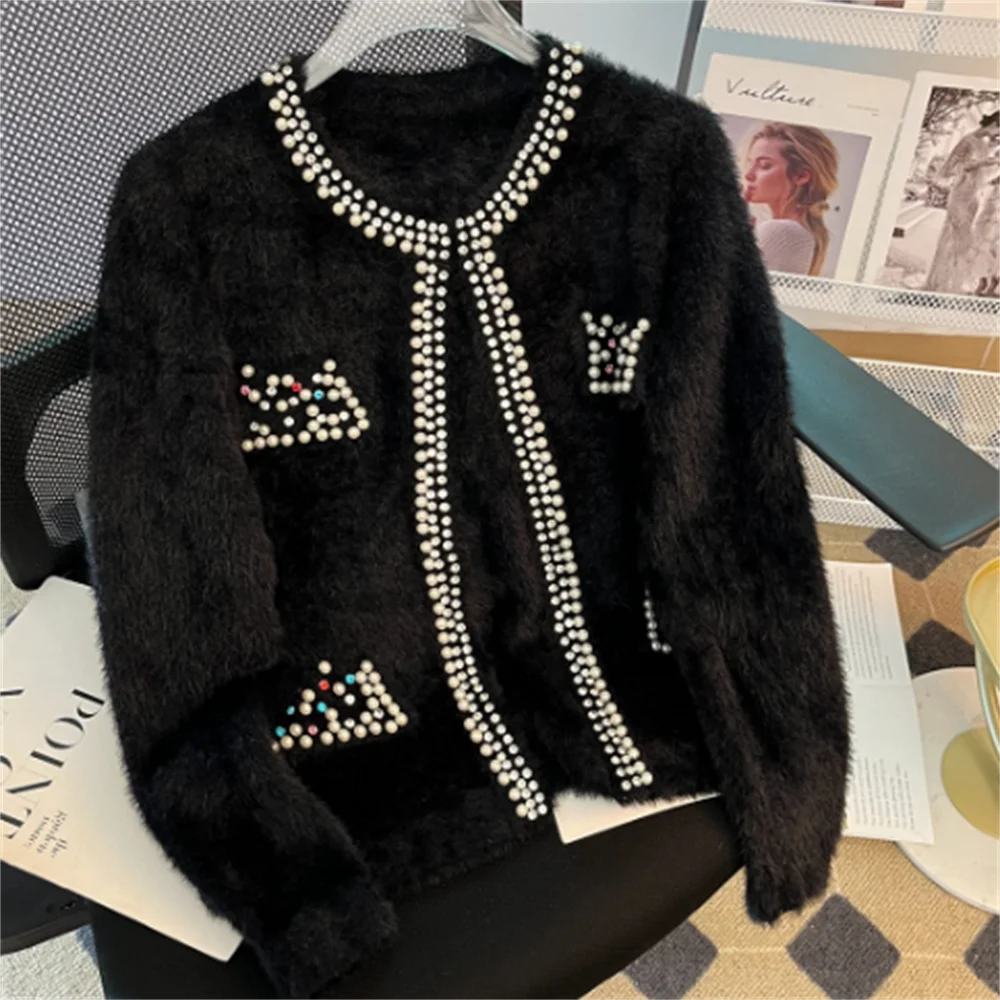 

diamond bead velvet coat round collar soft warm knit cardigan