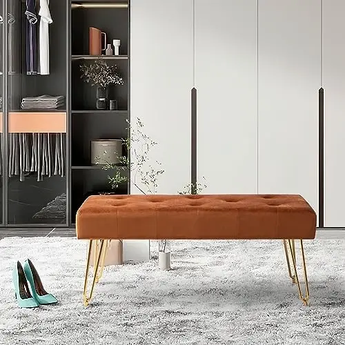 

Velvet End of Bed Bench Upholstered Button Tufted Bench Entryway for Bedroom and Living Room, Brown Living room decoration