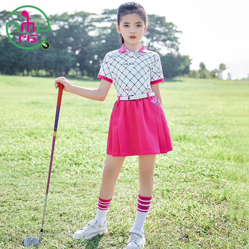 MG Golf Set Clothes Girls Sports Wear Lattice Short Sleeve Polo Shirt Slim Fit Children Tennis Spring Skirt Rose Red Breathable