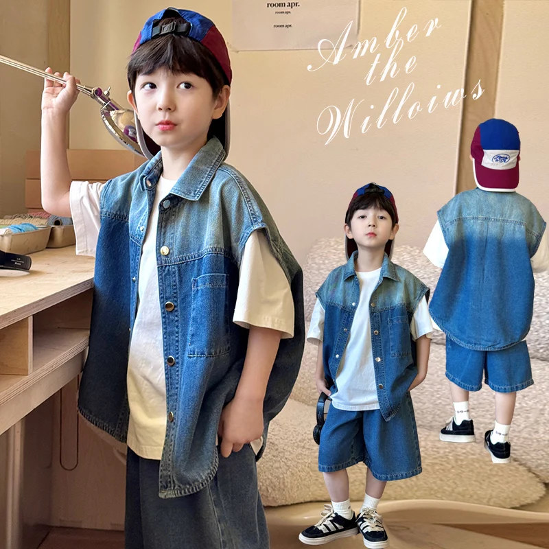 High Quality Tween Boy 3-Piece Summer Outfit Set Size 4-14Y Tie-Dye Shirt Jeans Shorts Casual Fashion Clothing Set for Students