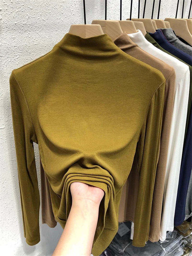 

Slim Fit Long Sleeve Knitted Top Women's Half High Collar Base Layer T-Shirt Korean Style Commute Pure Color Winter Fashion