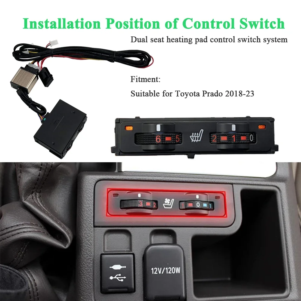 Built-in Car Seat Heater Kit Fit 2 Seats Configure 12V 25W Heating Pads & 6-Levels Control Switch For Toyota Prado 2018-23