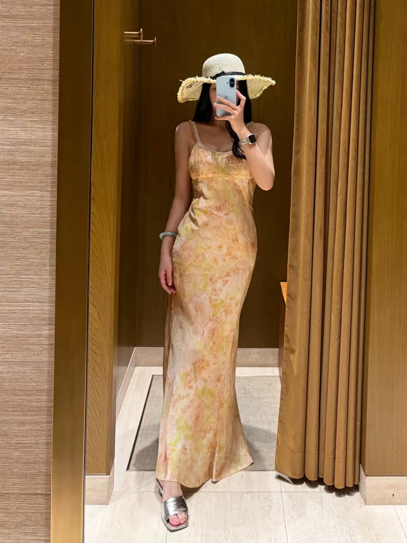 

French Style High Waist Printed Silk Smooth Sexy Heart Strapless Slim Fit Dress Breathable Casual Daily Outdoor Dress