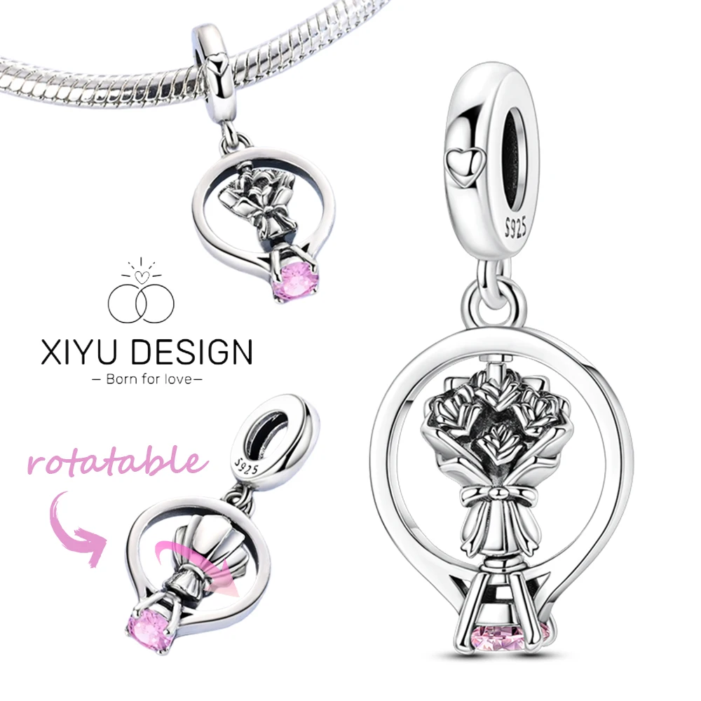 

925 Silver Charm Bead Rotatable Bouquet Wedding Ring Pendant Fit Original Bracelets For Women DIY Accessories Jewelry Gifts