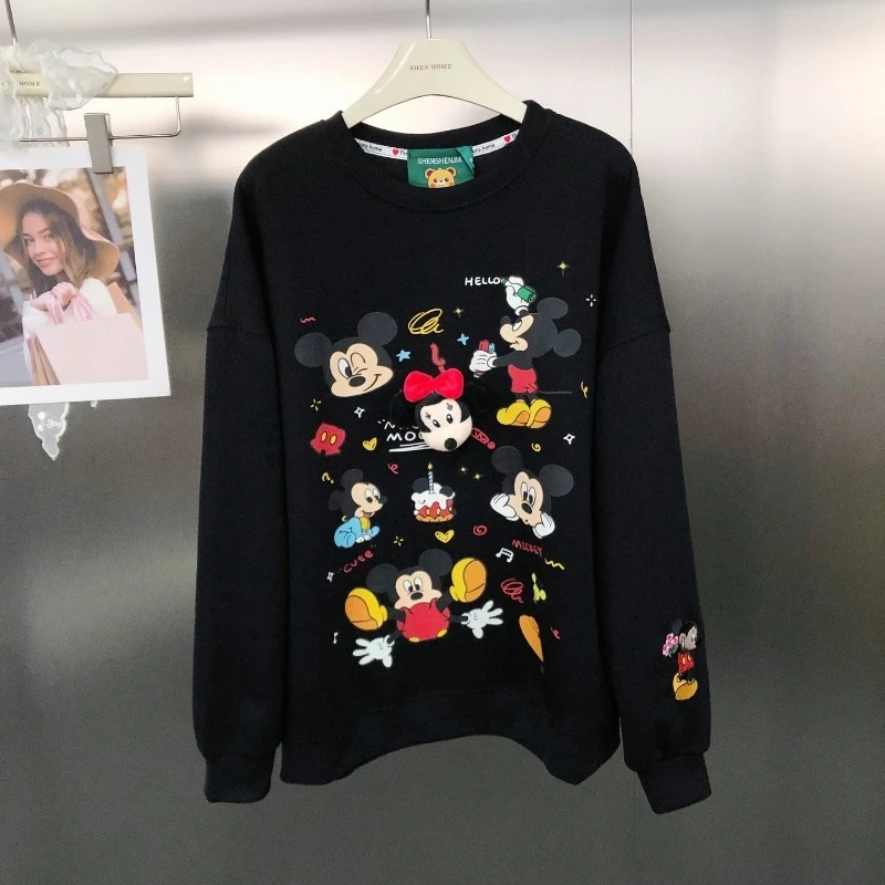 American Retro Cartoon Print Loose Versatile Pure Cotton Top Sweatshirt Pullover Heavy Embroidery Cartoon Long Sleeves Sudaderas
