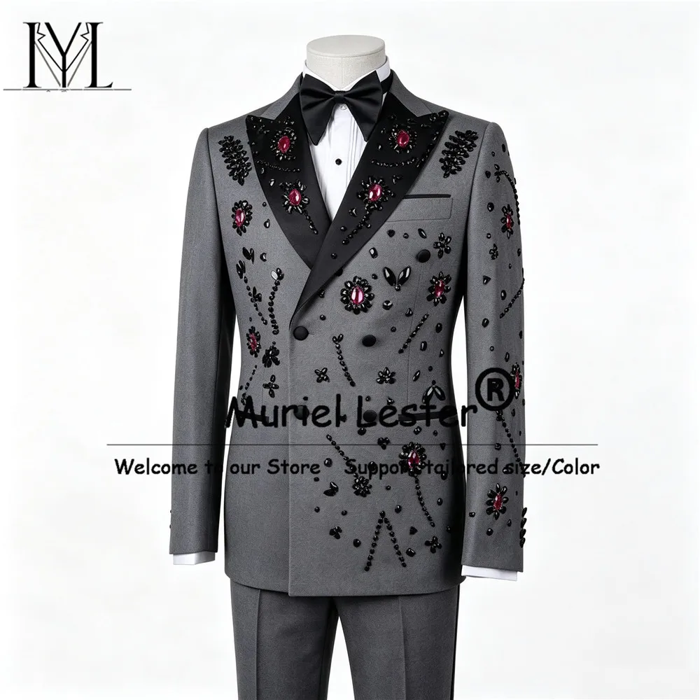 Sparkly Men Suits Customized 2 Pieces Sets Party Prom Blazer Slim Metal Embellished Black Lapel Groom Wedding Tuxedos Customized