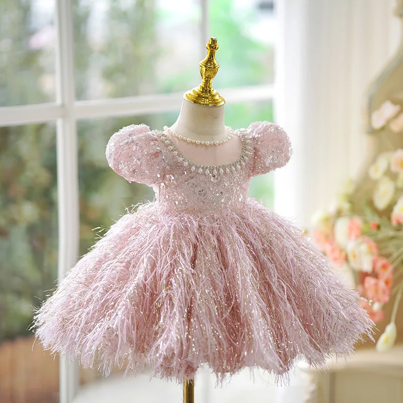 ANGELSBRIDEP Pink Flower Girl Dresses Feathers Princess Dress Baby Girls Host Performance Dress Gorgeous and Elegant