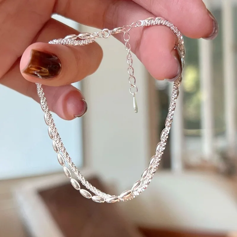 New Exquisite Sparkling 925 Sterling Silver Oval Bead Starry Sky Double-layer Bracelet for Women Girls Jewelry Accessories Gifts
