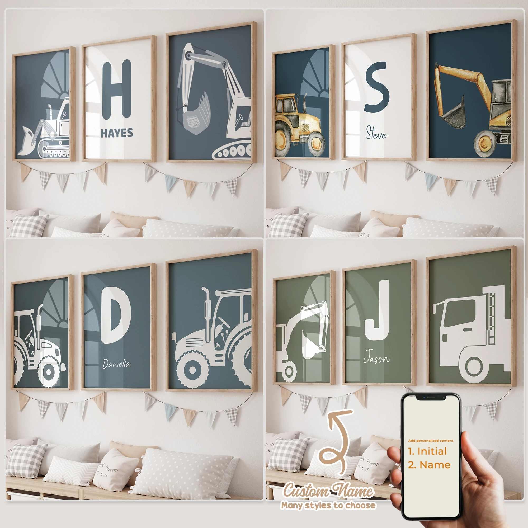 3pcs Personalized Custom Name Cartoon excavator Wall Art Print Picture Canvas Poster Painting For Living Child Room Home Decor