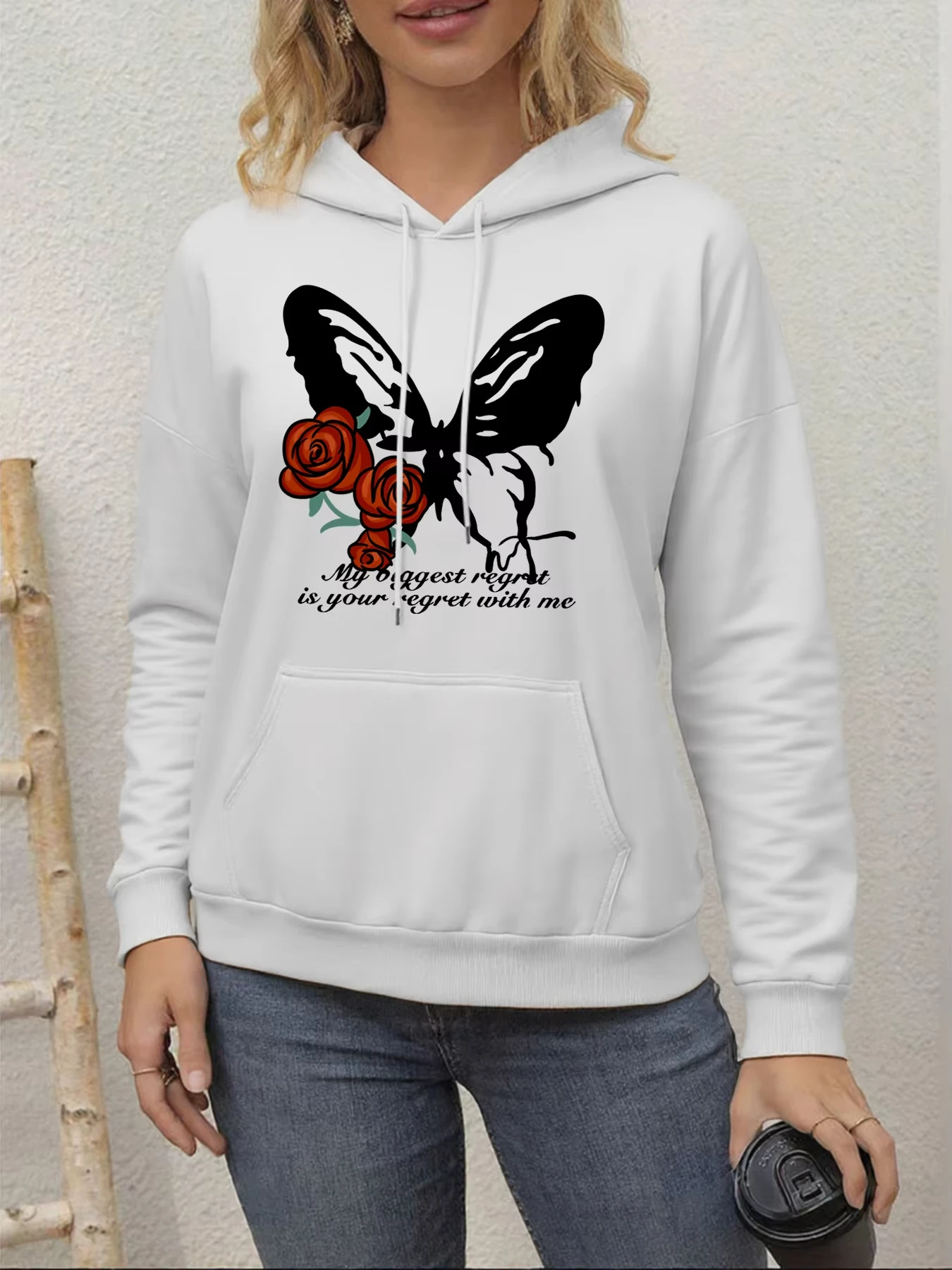 

Red Rose Butterfly Print Women Hoodies Y2K Street Fleece Hoodie Crewneck Autumn Clothes Soft All-Match Top Loose Oversized Hoody