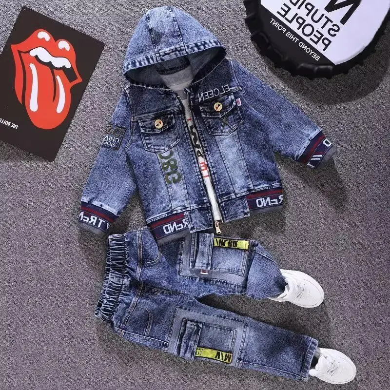 2025 Girl Spring Autumn Children Boy 2PCS Clothing Set Cotton Hoodied Denim Coat +Solid Jeans Pants Baby Boys Outfits