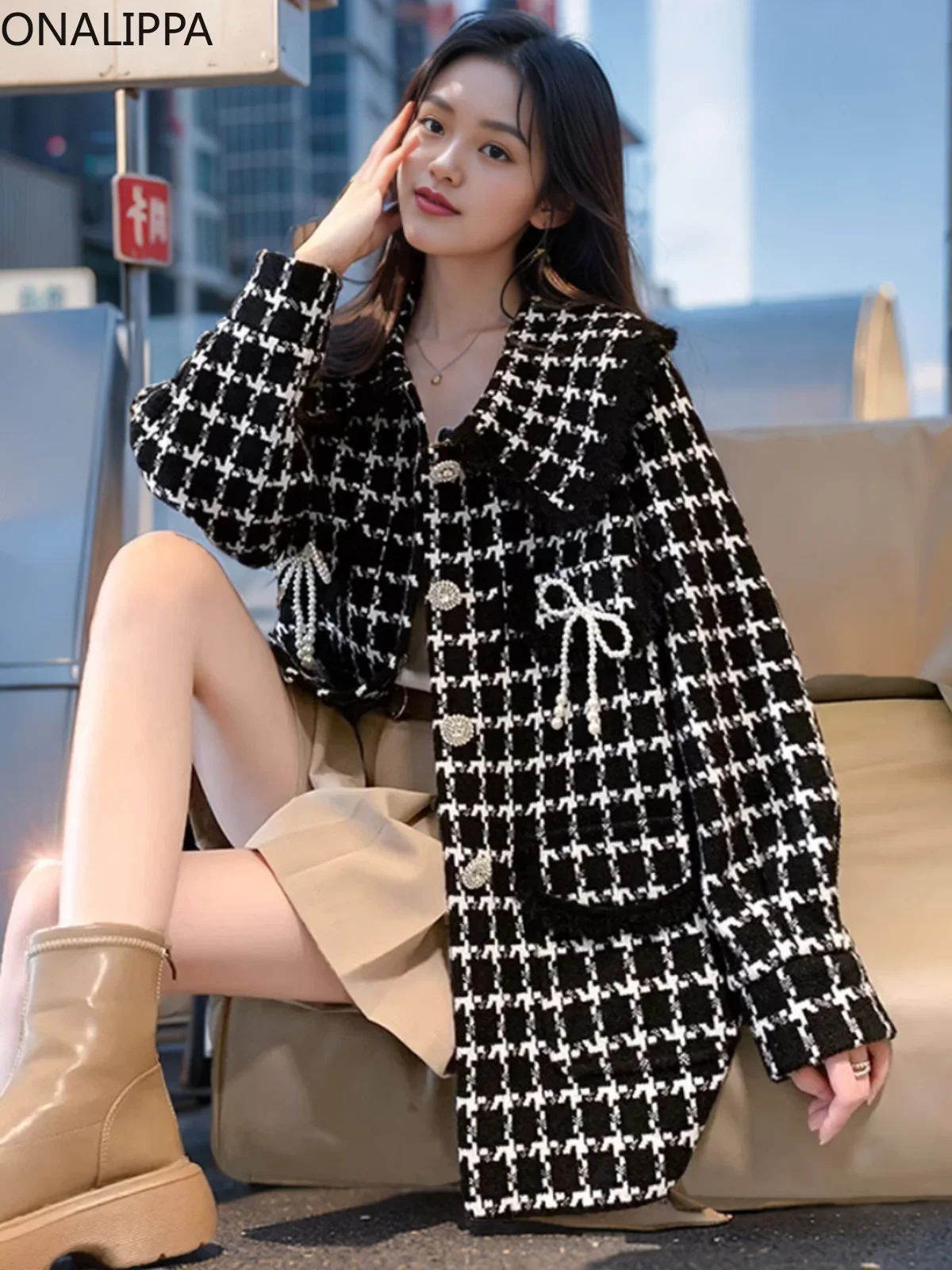 Onalippa Thousand Bird Plaid Wool Coat Women Peter Pan Collar Pearl Bows Mid-length Jackets Korean Womens Winter Clothing 2022