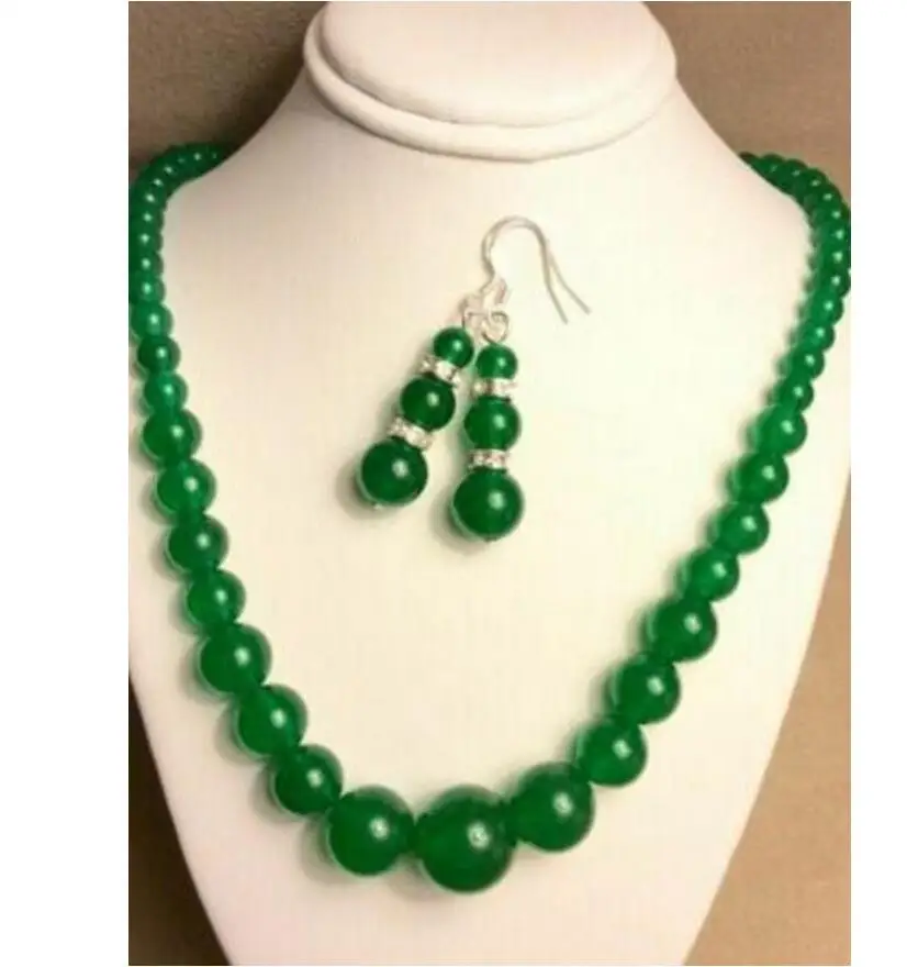 

6-14mm Natural Green Jade Gemstones Round Beads Necklace + Earrings Set 18" AAA