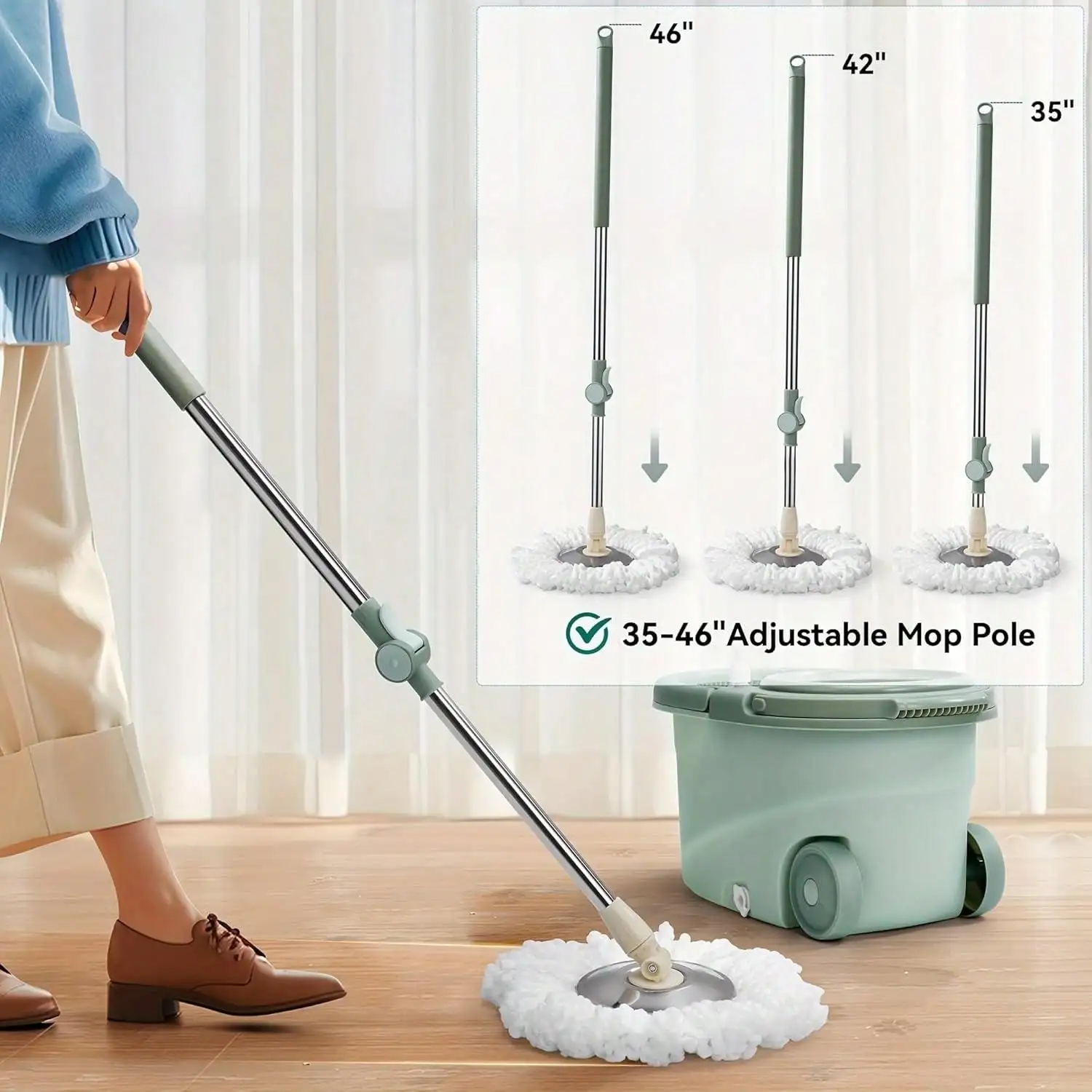 360 Spin Mop And Bucket System With Wringer 61 Inch Stainless Steel Handle 2 Microfiber Refills For Tile Hardwood Laminate Green
