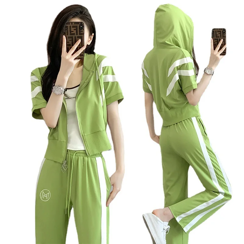 Cotton Women Sporting Suit Korean Style Jacket Hoodie Sweatshirt Loose Long Wide Leg Pant Running Jogger Casual Outfit Tracksuit