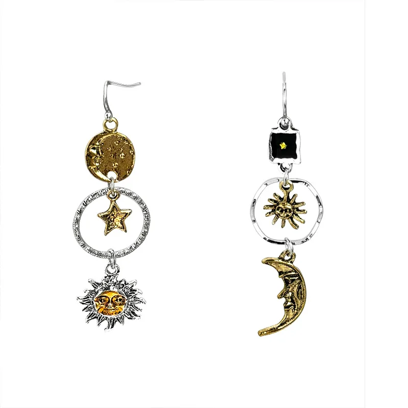 خمر غير المتكافئة نجمة الشمس القمر إسقاط أقراط للنساء شخصية العتيقة النحاس اللون هوب القرط مجوهرات اكسسوارات #6