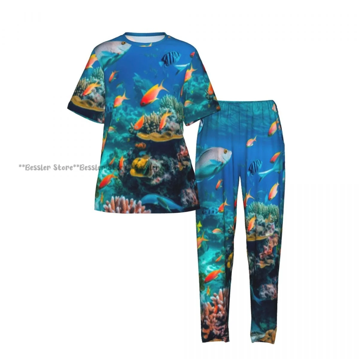 Women's Pajamas Set Colorful Fish And Sea Animals Short Sleeve Sleepwear 2 Piece Homewear Loungewear