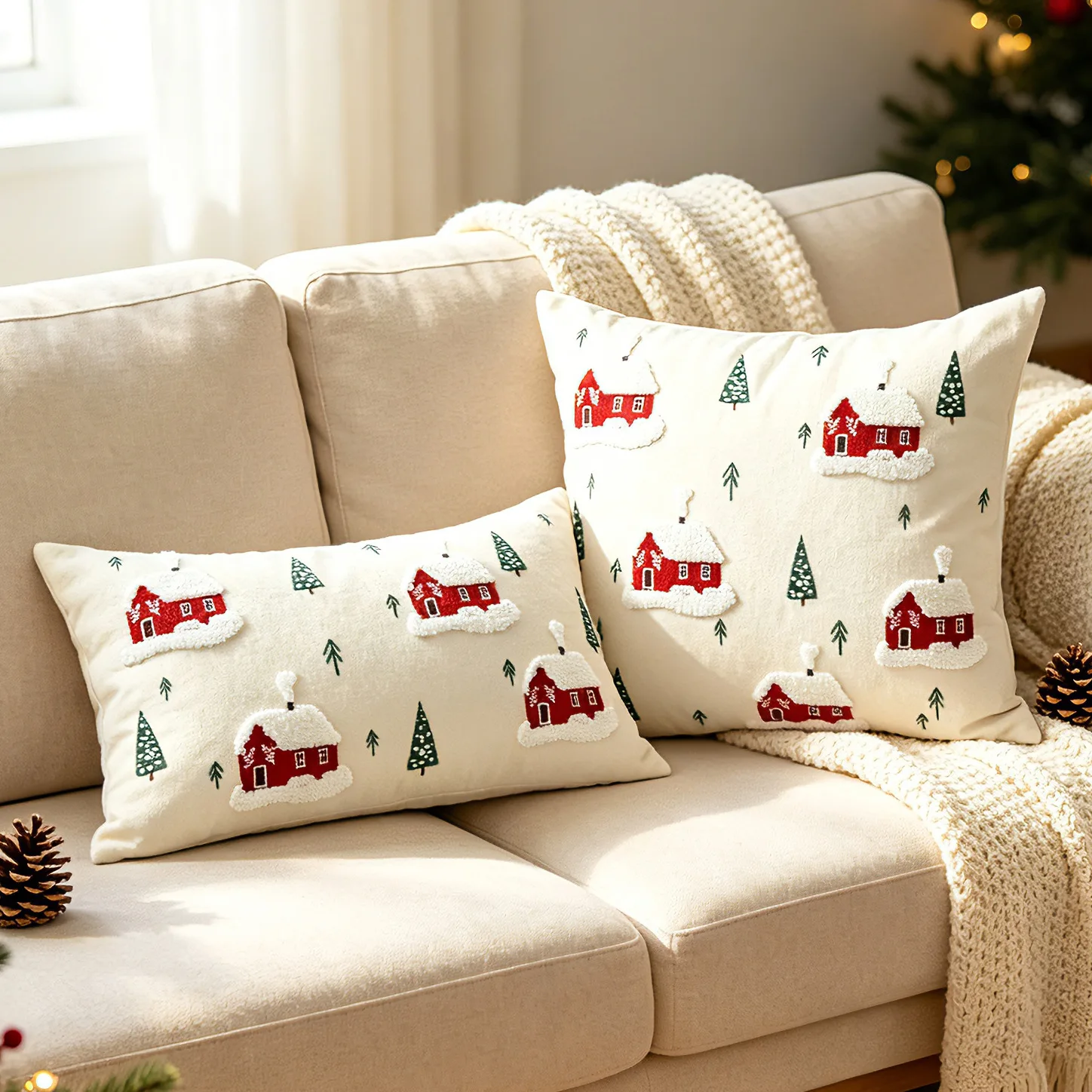 Tufted Throw Pillow Cover 30x50cm 45x45cm Christmas Houses Canvas Cushion Cover Winter Farmhouse Decor Home Pillowcase Gift