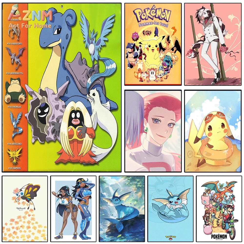 Impresión en lienzo de Anime Pokemon de AZNM, póster de dibujos animados de Lapras Articuno Zapdos Vaporeon Pikachu Team Rocket, pintura en lienzo sin marco