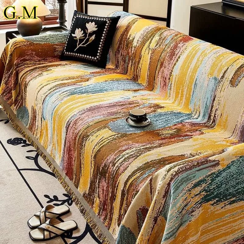 Boho Jacquard Cotton Polyester Sofa Towel for Living Room Vintage Universal Sofa Cover Couch Cover Tassel Edge Home Decoration