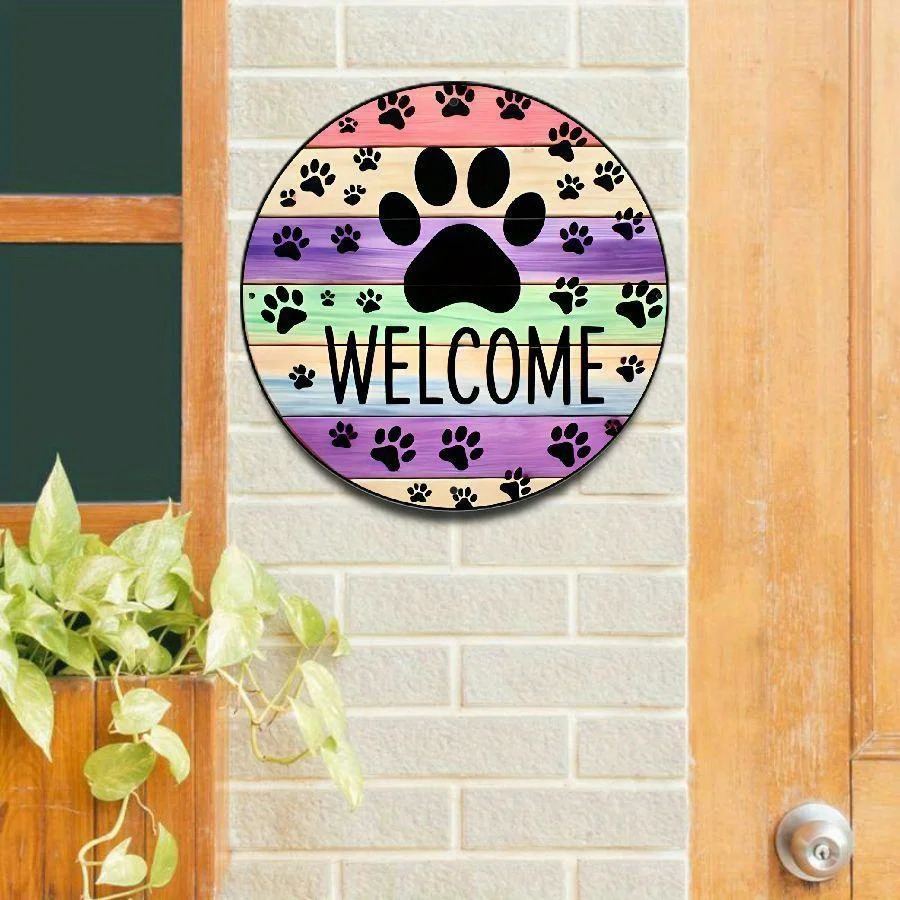 2D Flat - 【2D Flat】 2D Flat - [2D Flat] 2D Flat 1pc Rustic Dog Paw Print Welcome Round Wooden Sign 8X8 Inches Reclaimed Wood Han