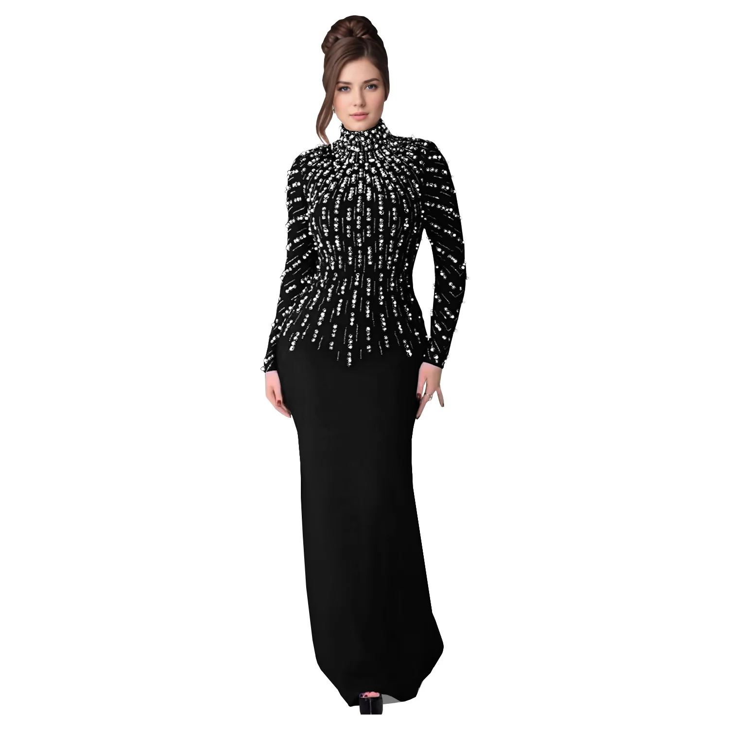 Temperament Elegant Party Diamond Pearl Long Bodycon Dress Women O Neck Long Sleeve Glitter Club Evening Black Sheath Maxi Dress