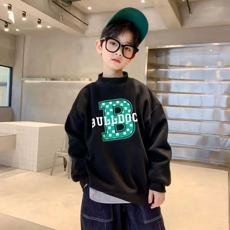 Boys' Mid-Large Size 2025 Winter New Fleece-Lined & Thickened Warm Layering Sweatshirt