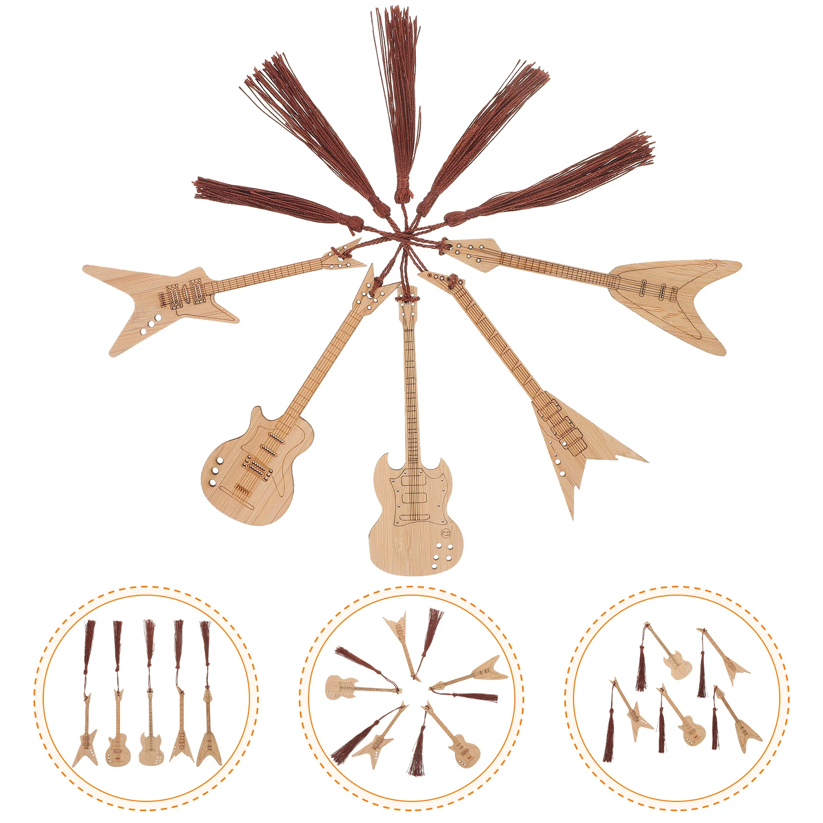 

5pcs Bamboo Guitar Shape Bookmarks Tassel Design Reading Page Markers For Women Students Gifts Decorative Book Accessories