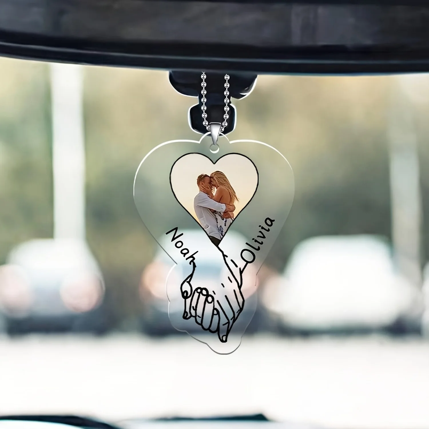 Personalized Couple Car Hanging Ornament – Custom Photo and Name Acrylic Rearview Mirror Pendant, Romantic Anniversary Gift