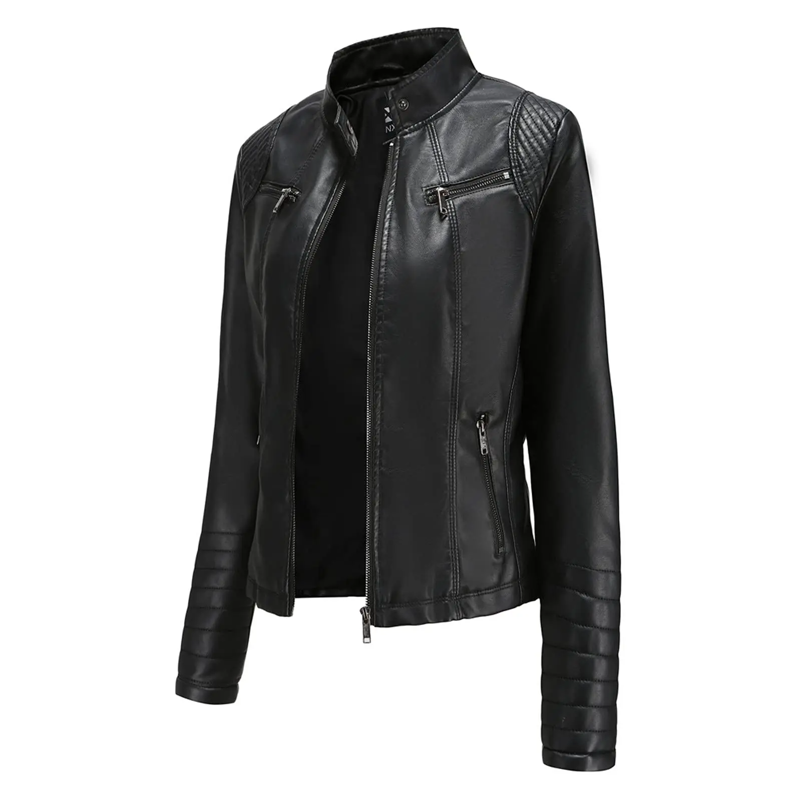 DZ-DZ Women Faux Leather Jacket Zip Up Moto Short Jacket Long Sleeve Stand-up Collar Slim Fit Cropped PU Coats