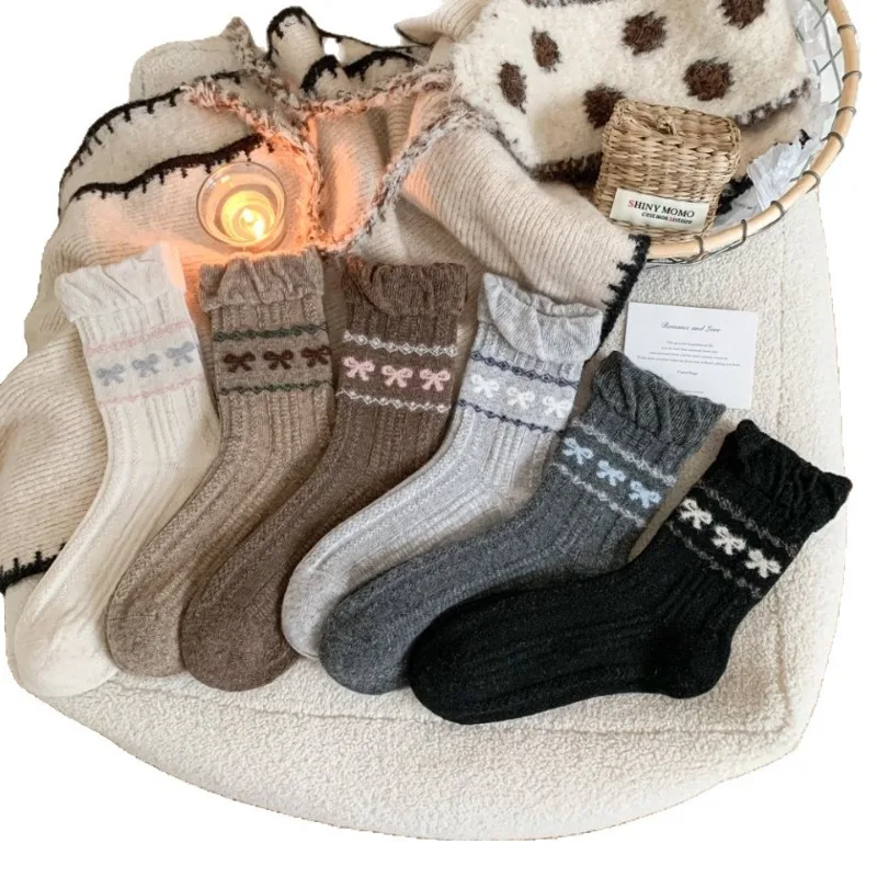 1/6 Paar Damen Herbst Winter lässig bequem dicke Mittelrohrsocken warme Schleife Damensocken Mode vielseitige Damensocken