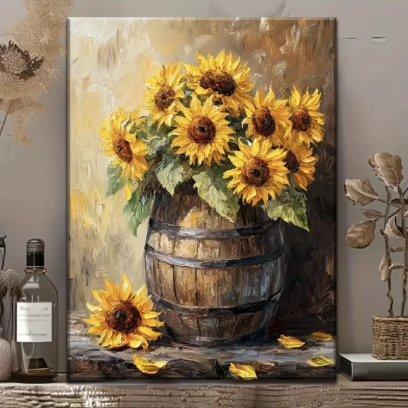2D Flat, 2D Flat, Vibrant High-Definition Sunflower Oil Painting, Wall Art Featuring Sunflowers in a Rustic Wooden Barrel, Abstr