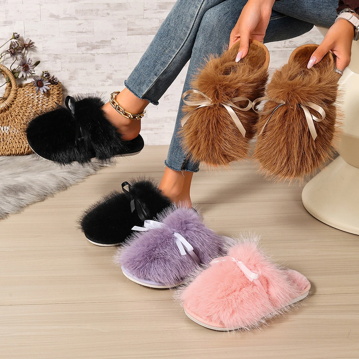 Women Plush Fluffy Closed Toe Slippers Elegant Bow Knot Decor Flat Mule Slides Indoor Outdoor Ladies Fashion Daily Footwear