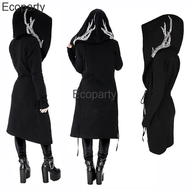 2023 Women Fashion Gothic Hoodie Steampunk Long Sleeved Hooded Antler Printed Cardigan Jacket Diablo Punk Sweatshirts For Women