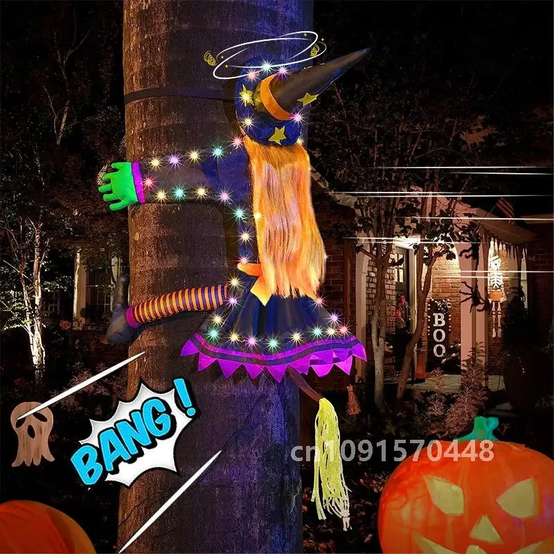 2 Modes Halloween Crashing Witch into Tree Decoration Halloween Light Up Hanging Decorations with Glowing Luminous Warning Sign