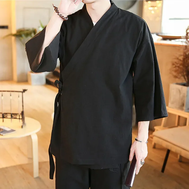 Traditional Chinese Hanfu Men's Jacket Seven-half Sleeve Side Opening Zen Culture Rustic Pastoral Style Simple Design